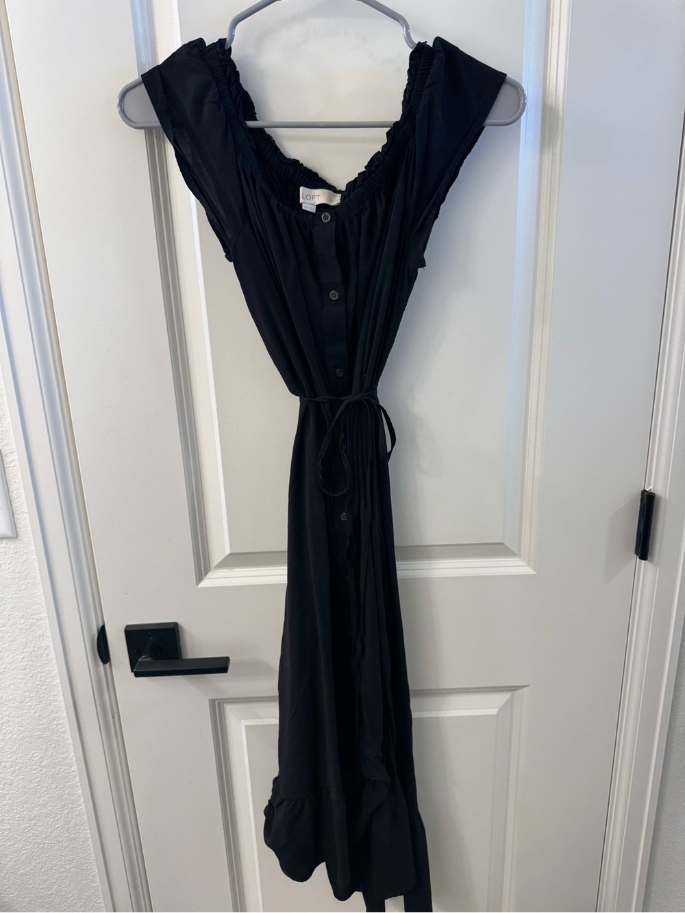 LOFT Black Button-Front Midi Dress with Waist Tie